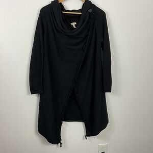 Matilda Jane Warm Smile Black Cowl Neck Fringe Wrap Cardigan Sweater Women's M